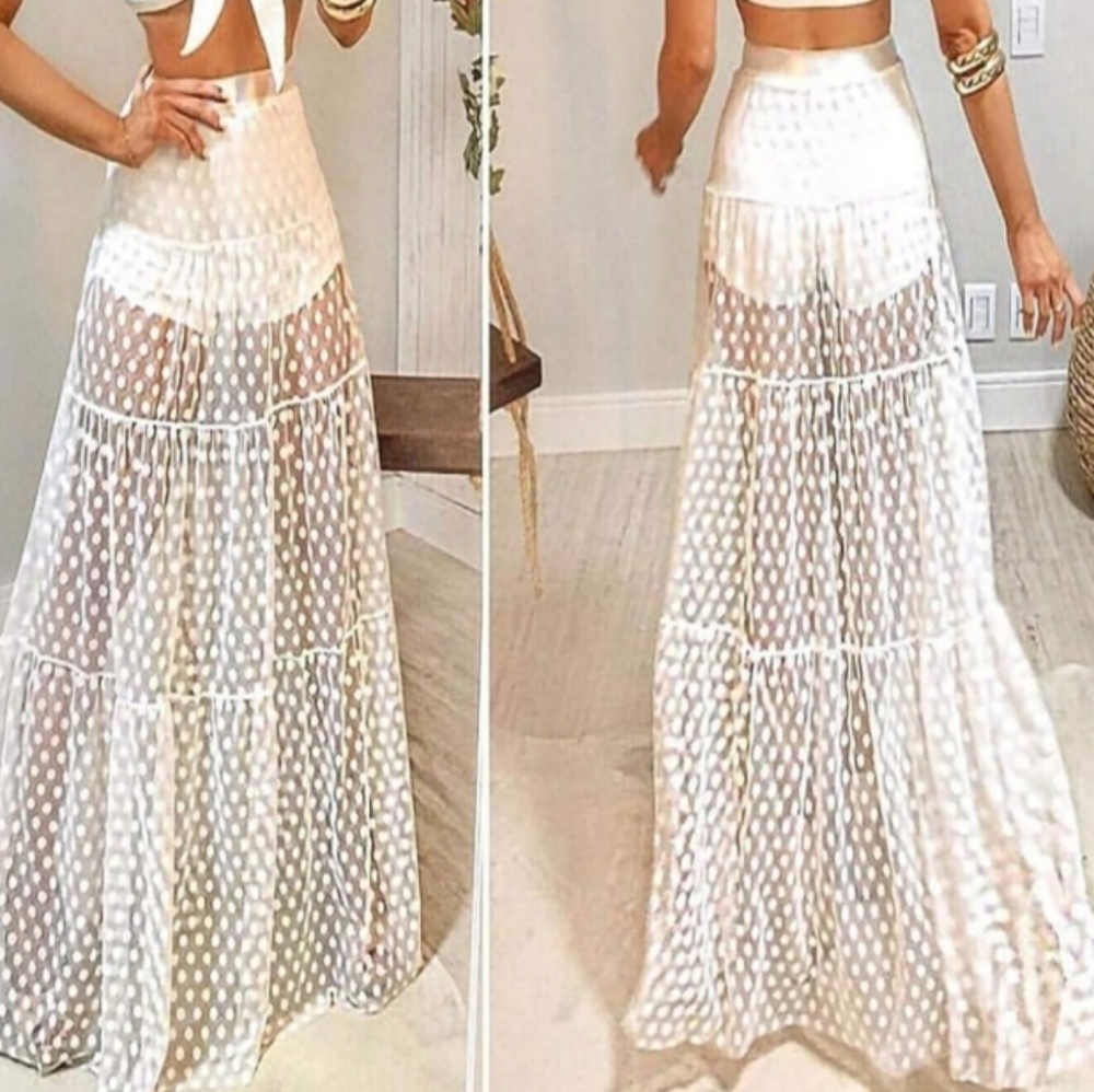 Ladies Sexy White Polka Dot Sheer Maxi Skirt Sz X-LARGE